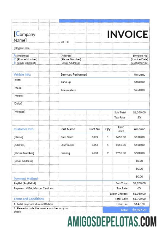 em branco Modelo de fatura de estimativa de conserto de automóveis
